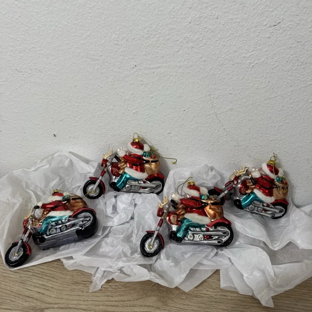Peschka Rider Biker Santa Claus Glass Christmas Ornament Set‎ Of 4 Vintage